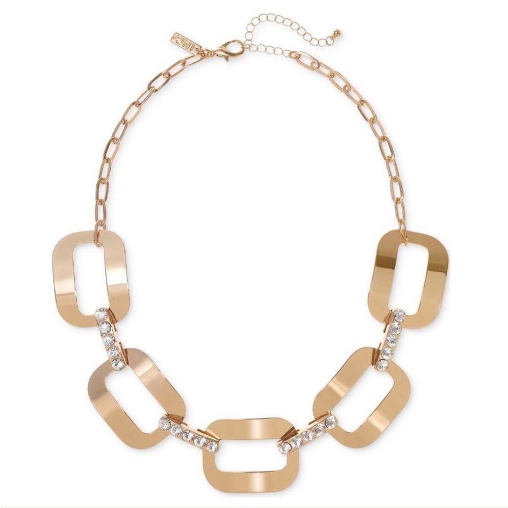 Gold Tone Necklace with Bold Rectangular Links & Pave Accents